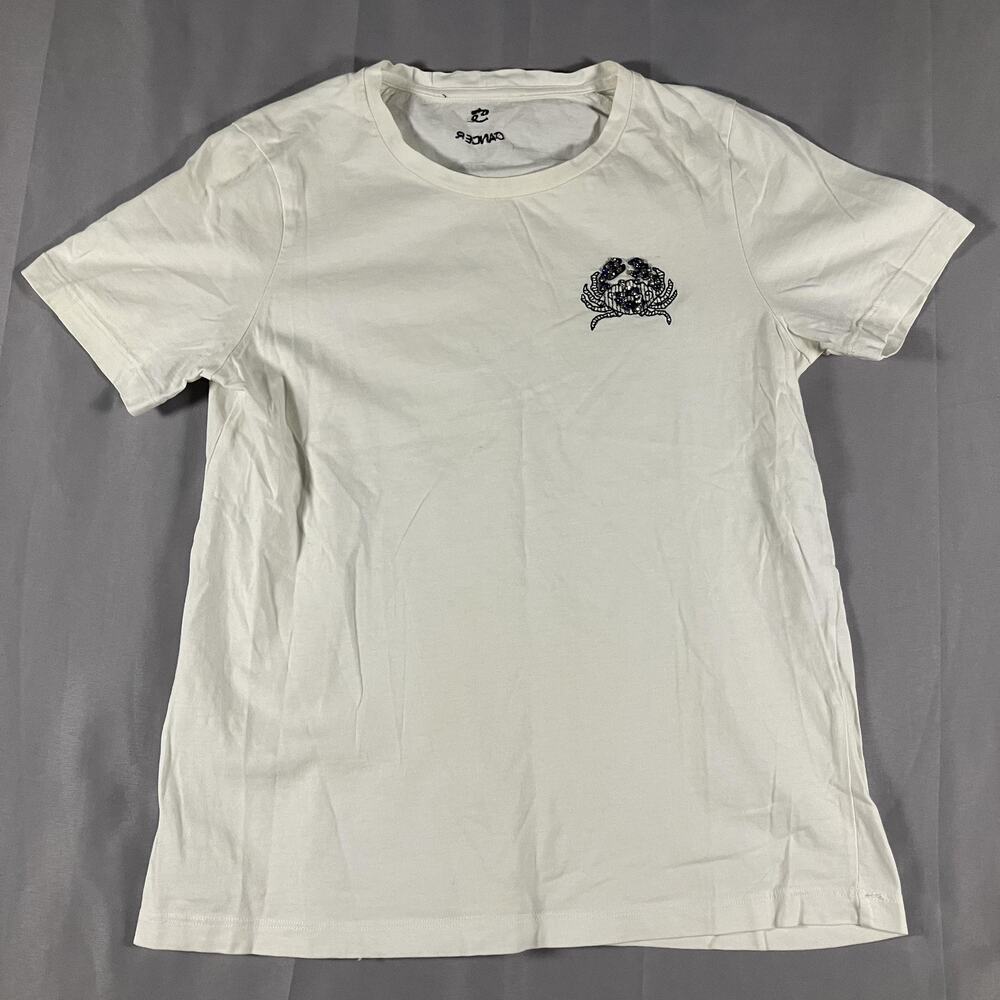 Cancer Zodiac Shirt Womens Small White Embroidered Crab Rhinestone Tee Graphic‎